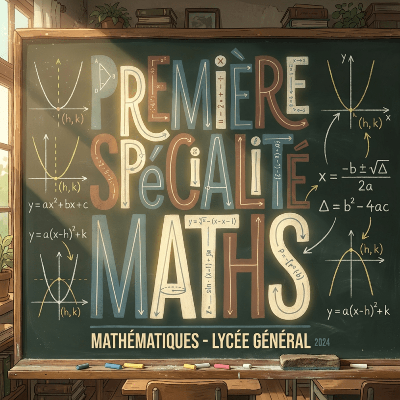 Chalkboard: PREMIÈRE SPÉCIALITÉ MATHS, TYPOGRAPHIE & MATHÉMATIQUES - LYCÉE GÉNÉRAL 2024, surrounded by mathematical formulas.